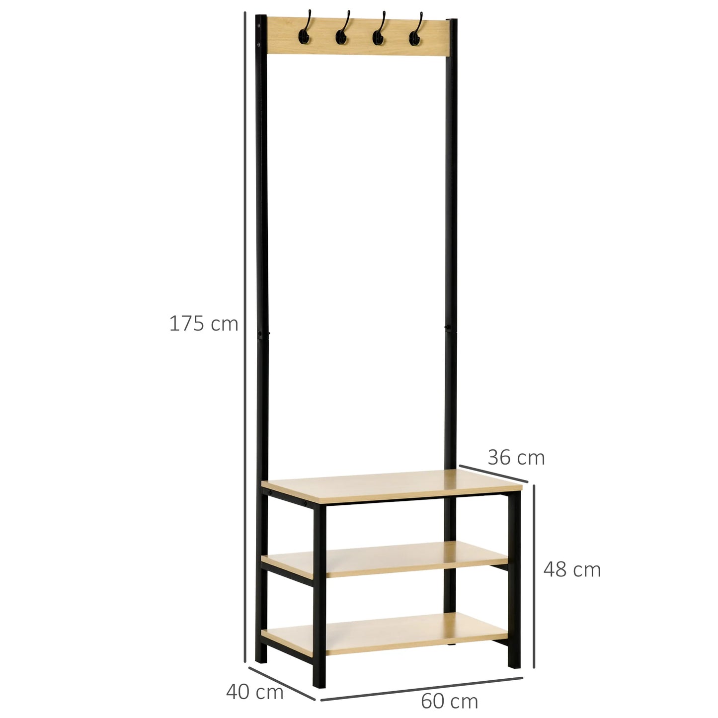 HOMCOM Garderobenständer mit Bank und Metall Schuhregal mit 3 Regalen und 4 Haken zum Aufhängen von Kleidung für Flur/Diele 60x40x175 cm Schwarz und Natur