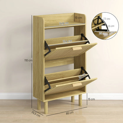 HOMCOM Schuhschrank für den Eingangsbereich im Bohemian-Stil – Schuhschrank für 18 Paar Schuhe mit 2 Klappschubladen und 1 offenen Regal – Schmaler Schuhschrank für Flur 80x24,5x110 cm Eiche