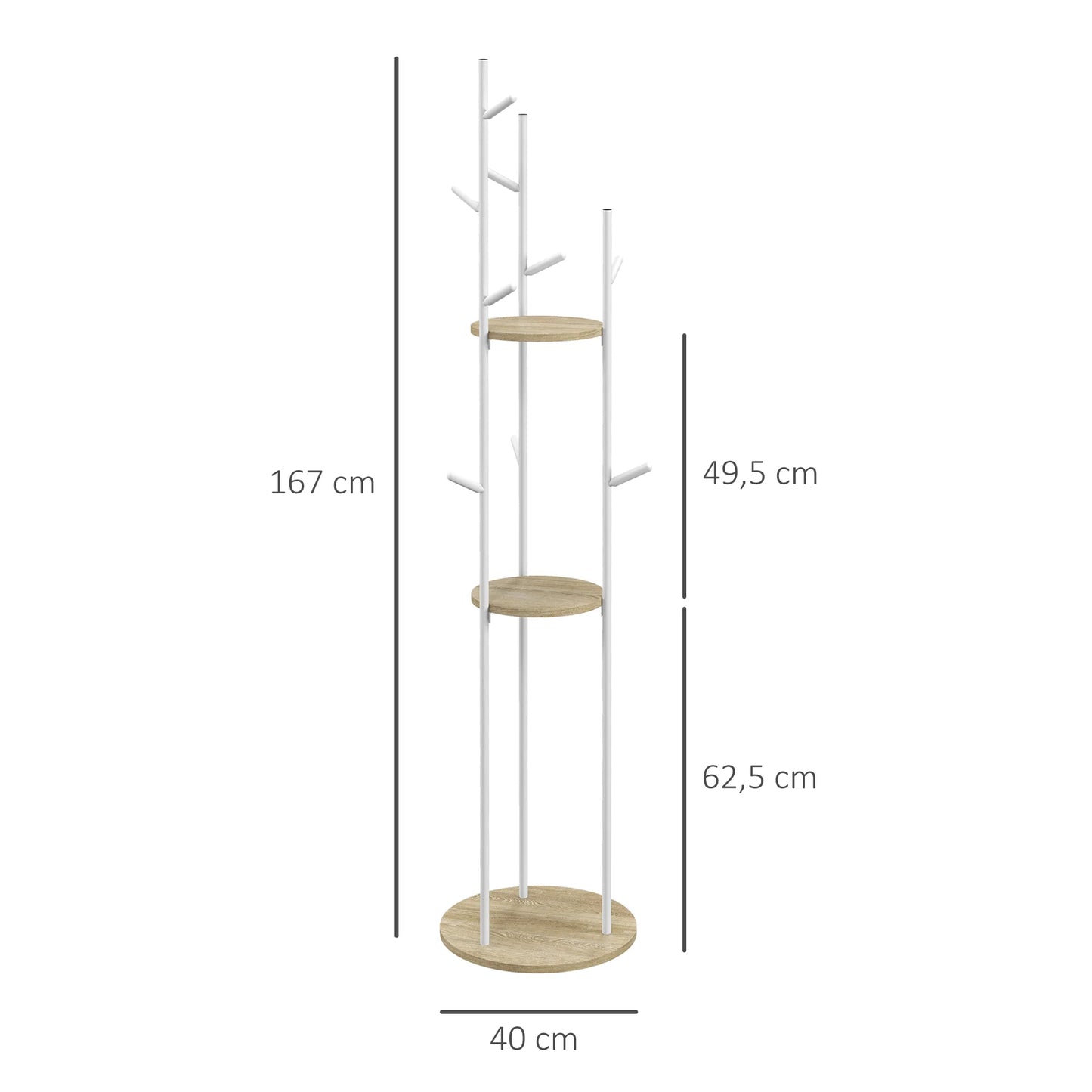 HOMCOM Freistehender Garderobenständer aus Stahl mit 9 Haken und 2 runden Regalen - Ø 40 x 167 cm in Natur und Weiß