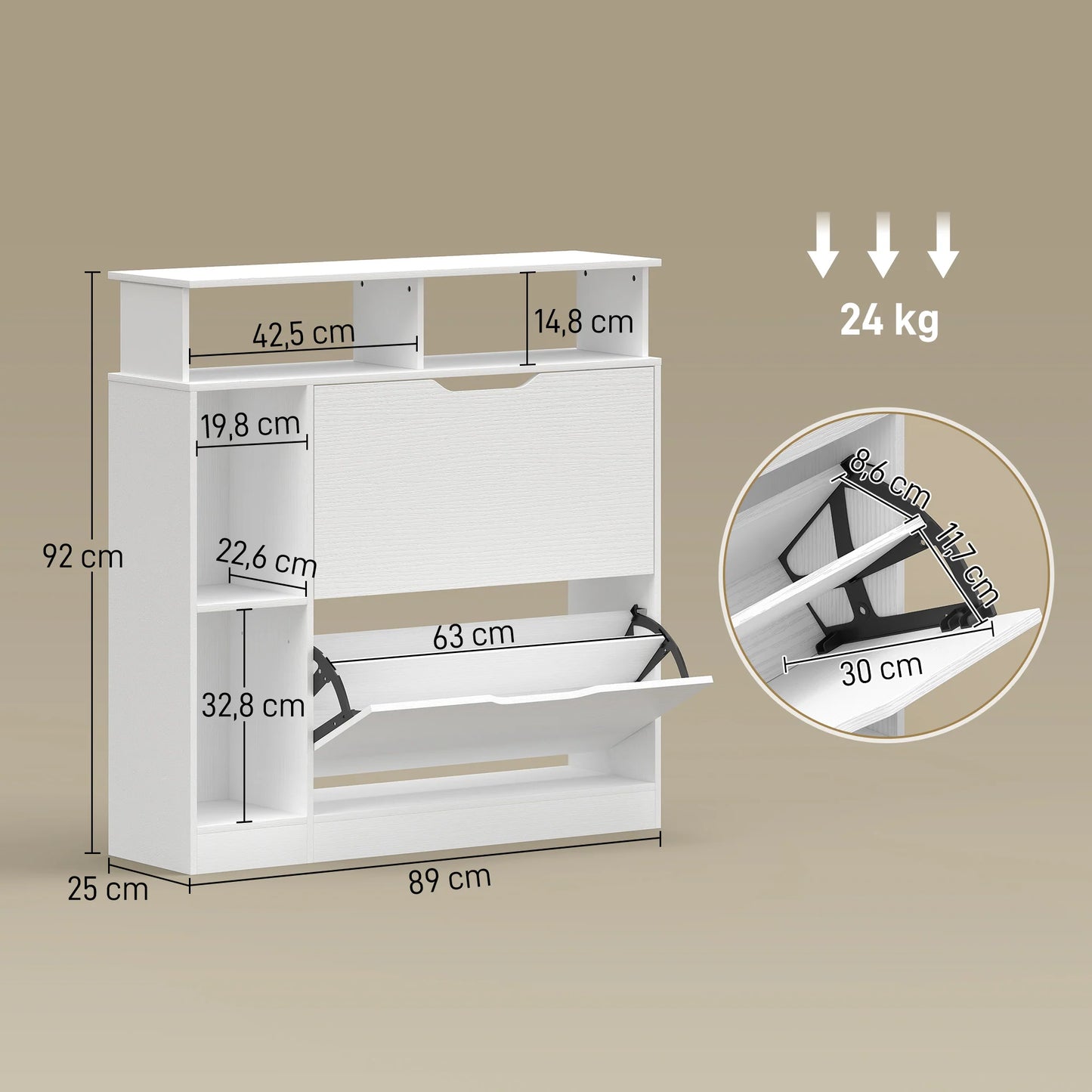 HOMCOM schmaler Schuhschrank mit 2 Klappen, offenen Fächern & verstellbarem Einlegeboden, 89 x 25 x 92 cm, Weiß