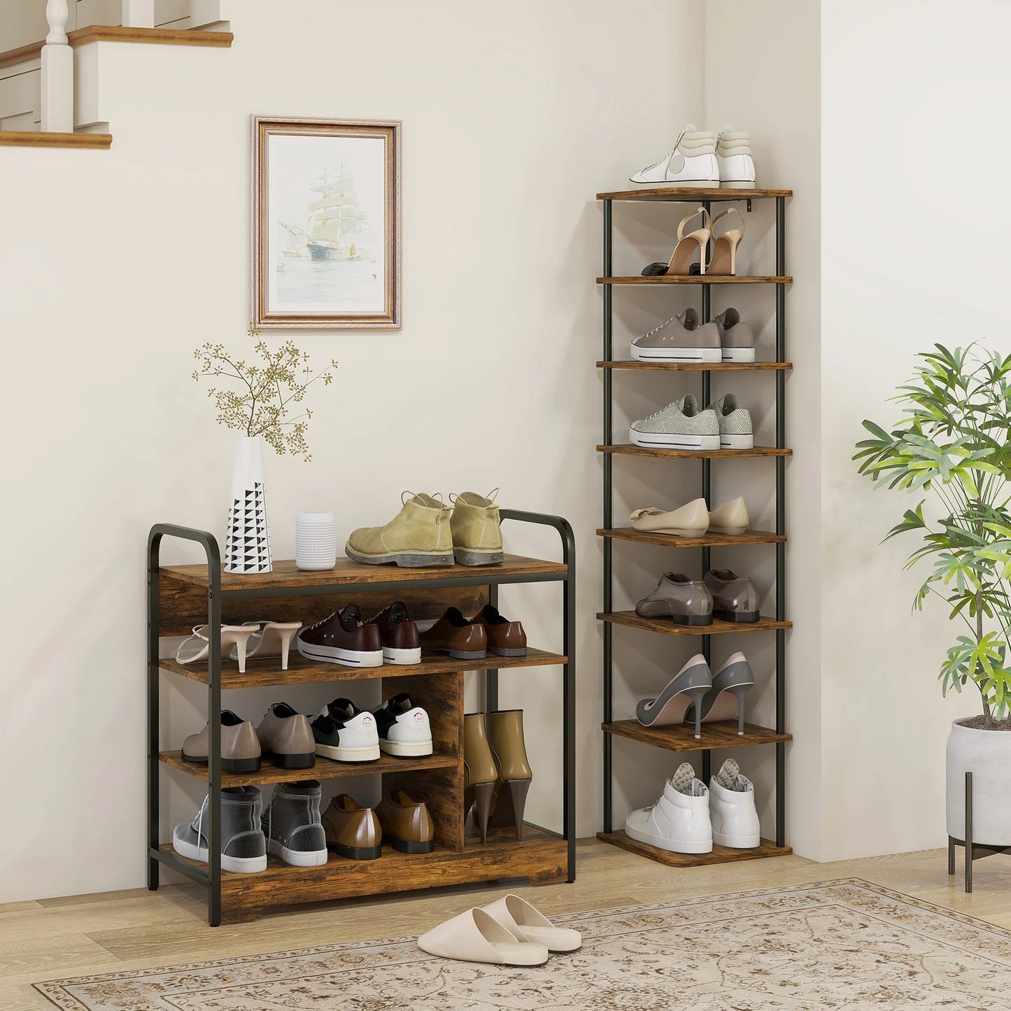 HOMCOM Schuhregal mit 4 Ebenen, Schuhregal mit Griff, Schuhständer für 11 Paar Schuhe, Platzsparende Schuhaufbewahrung, Schuhorganizer für Eingangsbereich, Flur, Rustikal Braun