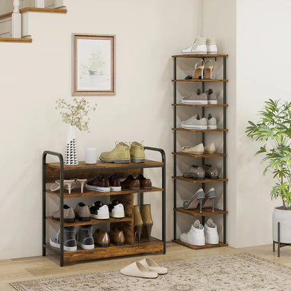 HOMCOM Schuhregal mit 4 Ebenen, Schuhregal mit Griff, Schuhständer für 11 Paar Schuhe, Platzsparende Schuhaufbewahrung, Schuhorganizer für Eingangsbereich, Flur, Rustikal Braun