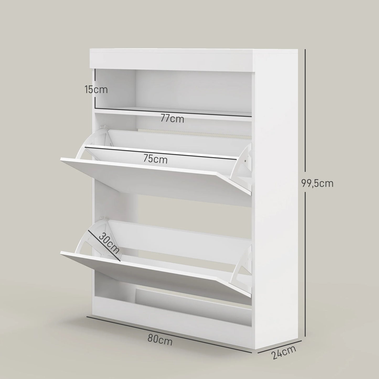 HOMCOM Schuhschrank für den Eingangsbereich, Wandschrank oder freistehend mit LED-Lichtern, offenes Regal und 2 klappbaren Schubladen für 12-16 Paare Schuhe, 80x24x99,5 cm, Hellweiß