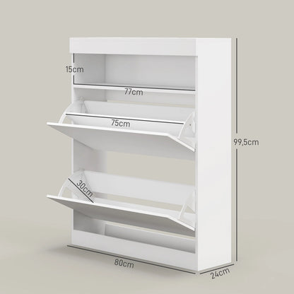 HOMCOM Schuhschrank für den Eingangsbereich, Wandschrank oder freistehend mit LED-Lichtern, offenes Regal und 2 klappbaren Schubladen für 12-16 Paare Schuhe, 80x24x99,5 cm, Hellweiß