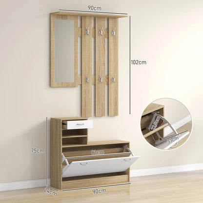 HOMCOM Flur Organizer mit Spiegel, Garderobe und Schuhschrank - 2-teiliges Möbelset für den Eingangsbereich mit 6 Haken, Regalen und Klappen-Schublade für einen natürlichen Flur