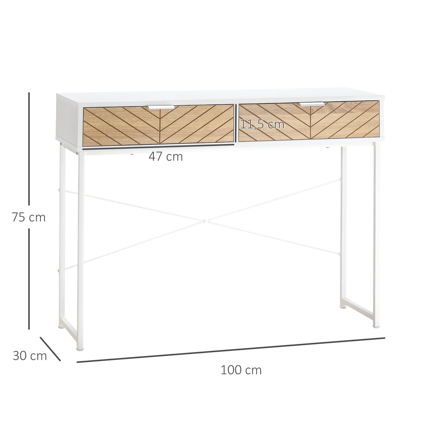 HOMCOM Schmale Konsole für den Eingangsbereich mit 2 Schubladen, modernes Design mit eingeprägten Linien für Flur, Wohnzimmer und Schlafzimmer 100x30x75 cm Weiß und Eiche
