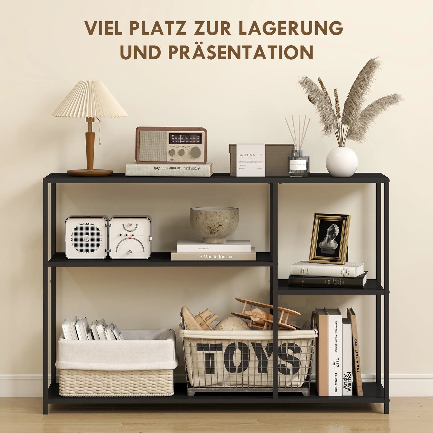 HOMCOM Konsolentisch Flurtisch mit 4 Regalen, Seitentisch mit Stahlrahmen, Metallregal für kleine Räume, Eingangsbereich, Flur, Wohnzimmer, 110 x 30 x 75 cm Schwarz