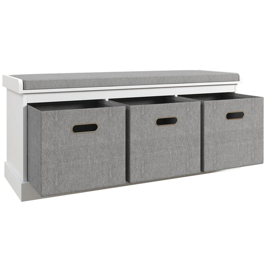 HOMCOM Schuhbank für den Eingangsbereich mit 3 Schubladen, Schuhaufbewahrungsbank mit Holz- und Stoffbezug, Schuhregal für 3 Paar Schuhe, Wohnzimmer und Flur, 105x35x47 cm, Weiß