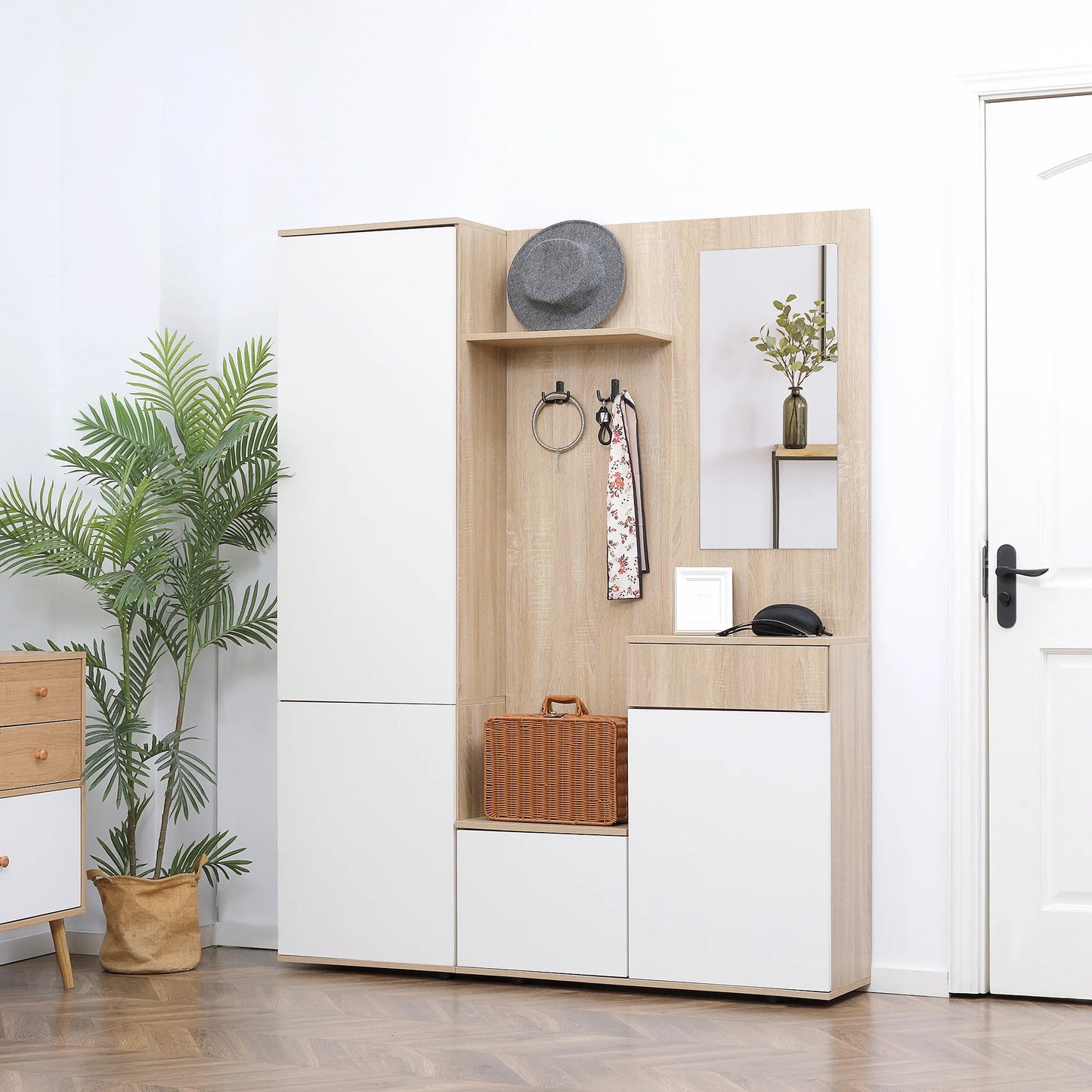 HOMCOM 4-in-1 Garderobenständer mit Spiegel, Haken und verstellbaren Regalen, multifunktionales Möbelstück für den Eingangsbereich aus Holz mit Schublade, 145x29x184 cm, Naturholz und Weiß