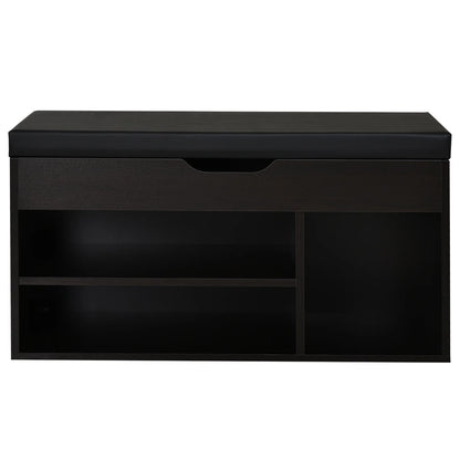 HOMCOM Gepolsteter Schuhschrank für den Eingangsbereich, Schuhschrank mit Schuhregal, 3 Fächer, Sitzfläche aus PU-Leder, für Wohn- und Flurbereich, 80x30x43 cm, Schwarz
