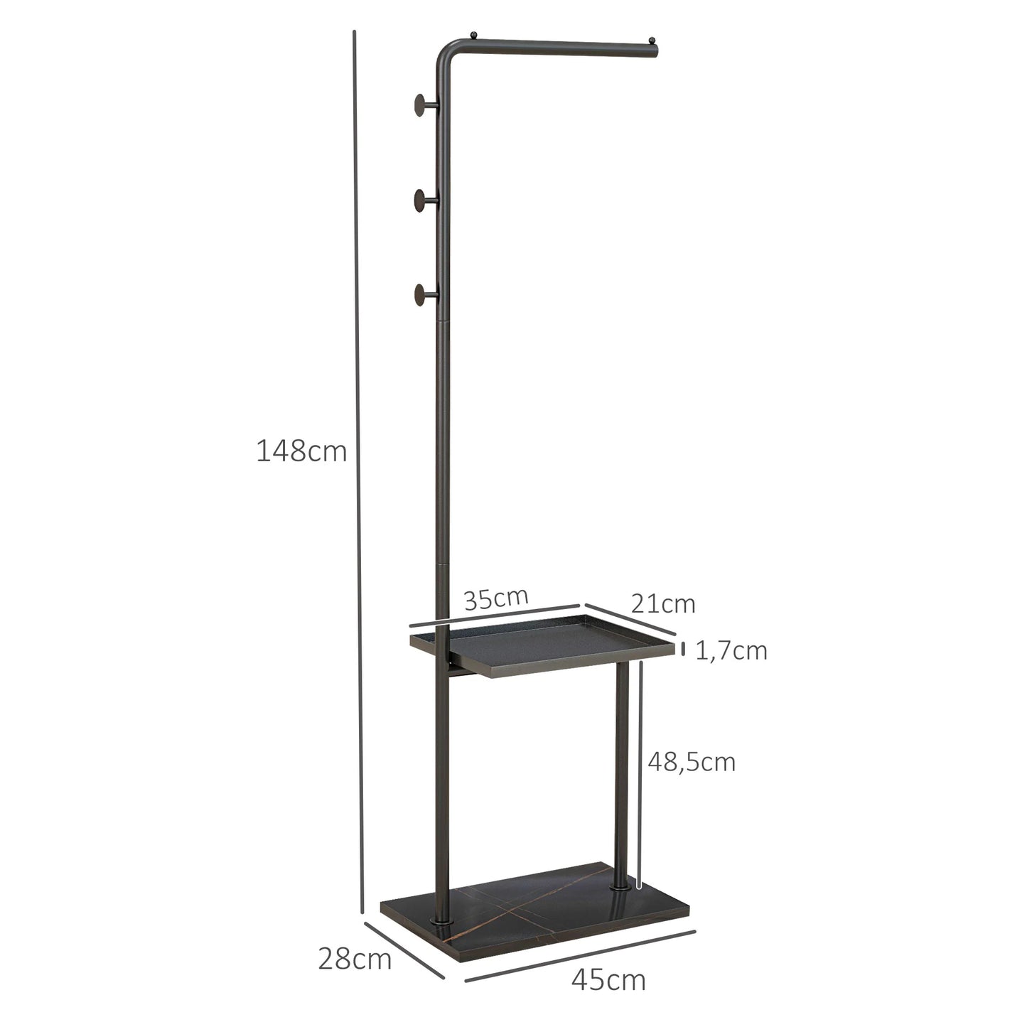 HOMCOM Garderobenständer, Kleiderständer mit Ablagen und Haken, Jackenständer, moderner Garderobe für Kleidung, Hut, Tasche, für Flur, Wohnzimmer, Schwarz