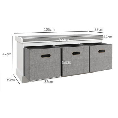 HOMCOM Schuhbank für den Eingangsbereich mit 3 Schubladen, Schuhaufbewahrungsbank mit Holz- und Stoffbezug, Schuhregal für 3 Paar Schuhe, Wohnzimmer und Flur, 105x35x47 cm, Weiß