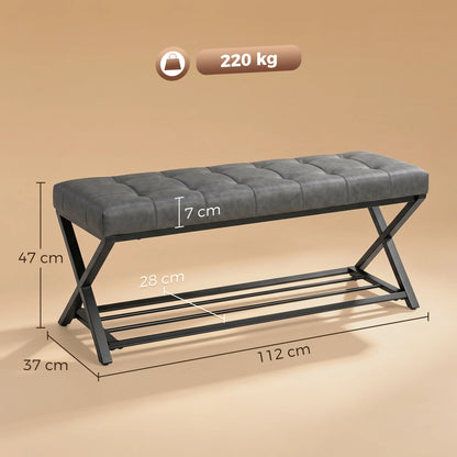HOMCOM Gepolsterte Schuhbank mit Stauraum — Industrial X‑Frame Stahl, PU‑Kunstleder, 220 kg Tragfähigkeit, 112×37×47 cm, Dunkelgrau