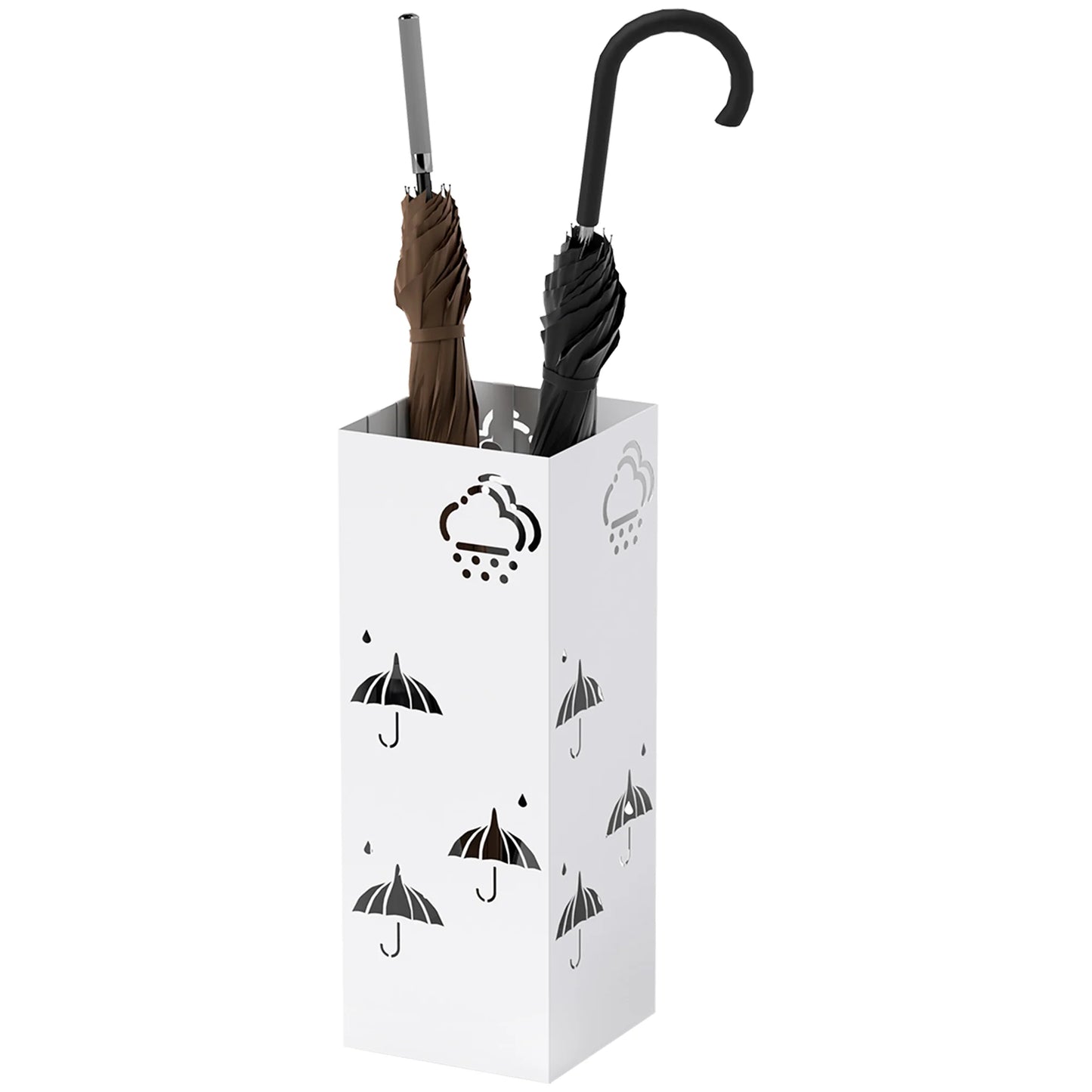 HOMCOM Regenschirmständer aus Stahl mit 4 Haken und abnehmbarem Tropfbehälter – Weißer Regenschirmhalter für Flur und Büro 15,5x15,5x41 cm