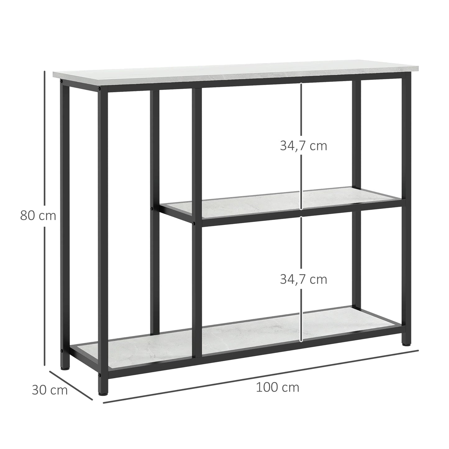 HOMCOM Konsolentisch, Flurtisch mit 3 Regalen, 100 x 30 x 80 cm, Beistelltisch, kleiner Präsentationstisch für schmale Räume, Flur, Diele, Wohnzimmer, Schlafzimmer, Weiß