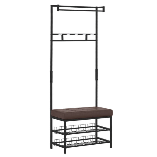 HOMCOM Kleiderständer mit 5 Haken und Schuhbank mit 2 Ebenen, Metallkleiderständer für Flur, Schlafzimmer, 72,5 x 35 x 180 cm