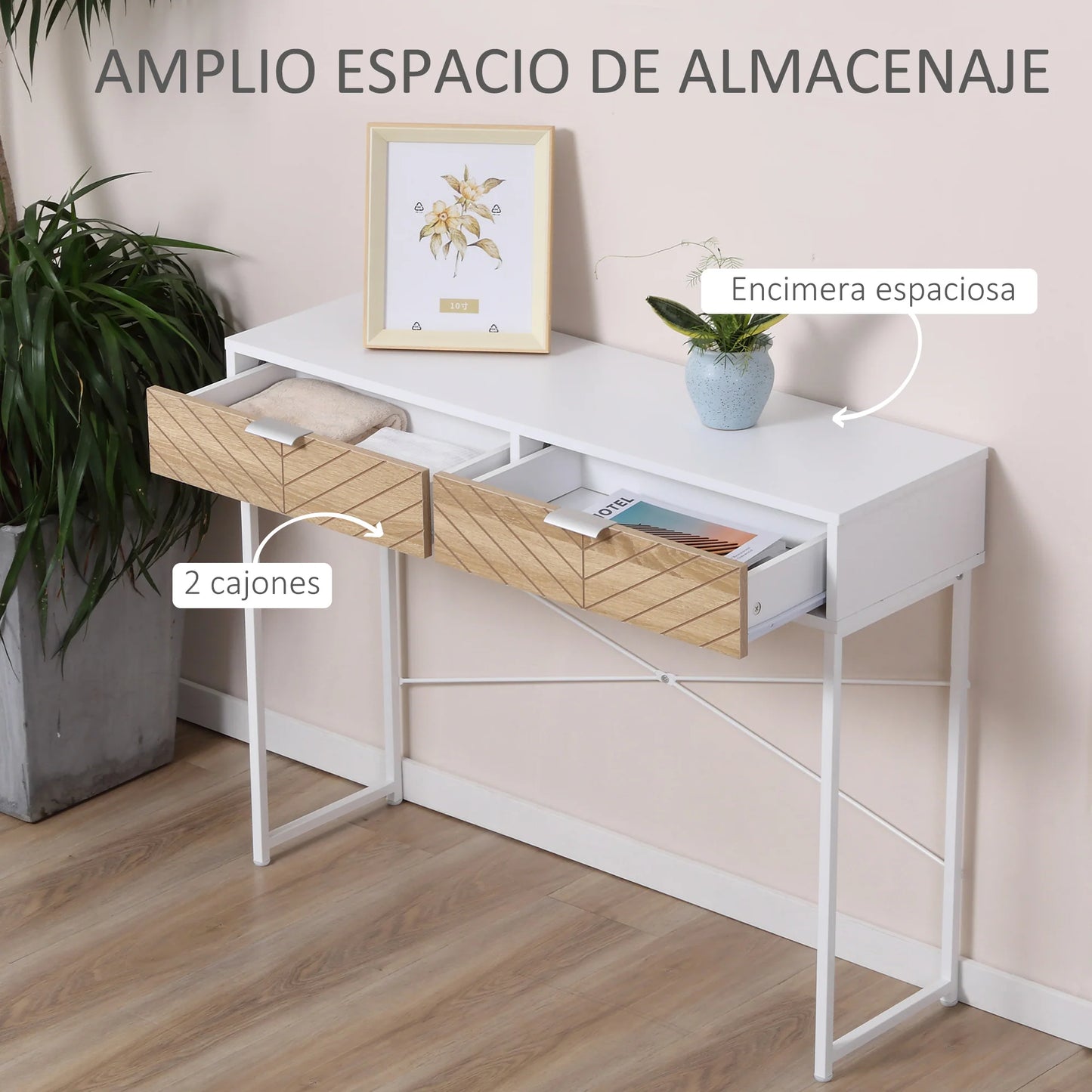 HOMCOM Schmale Konsole für den Eingangsbereich mit 2 Schubladen, modernes Design mit eingeprägten Linien für Flur, Wohnzimmer und Schlafzimmer 100x30x75 cm Weiß und Eiche