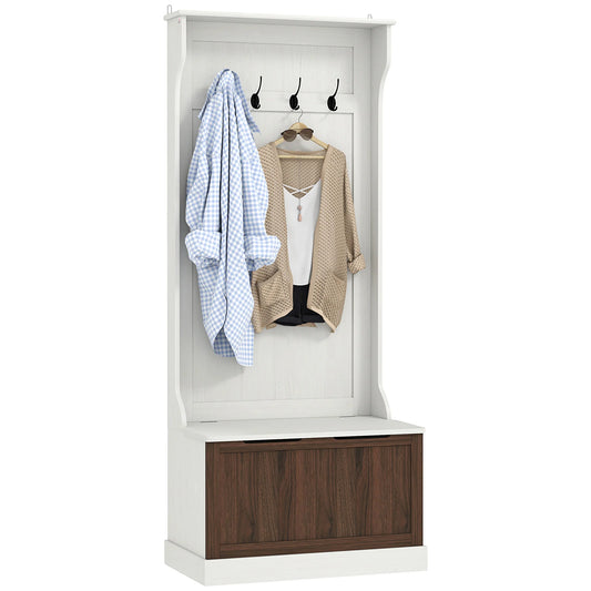 HOMCOM 3 in 1 Garderobenständer mit Schuhbank, platzsparender Boden-Garderobenständer mit 4 Haken und Ablagebank, MDF, für Flur, Schlafzimmer, 71,5x39,5x170 cm, Weiß und Braun