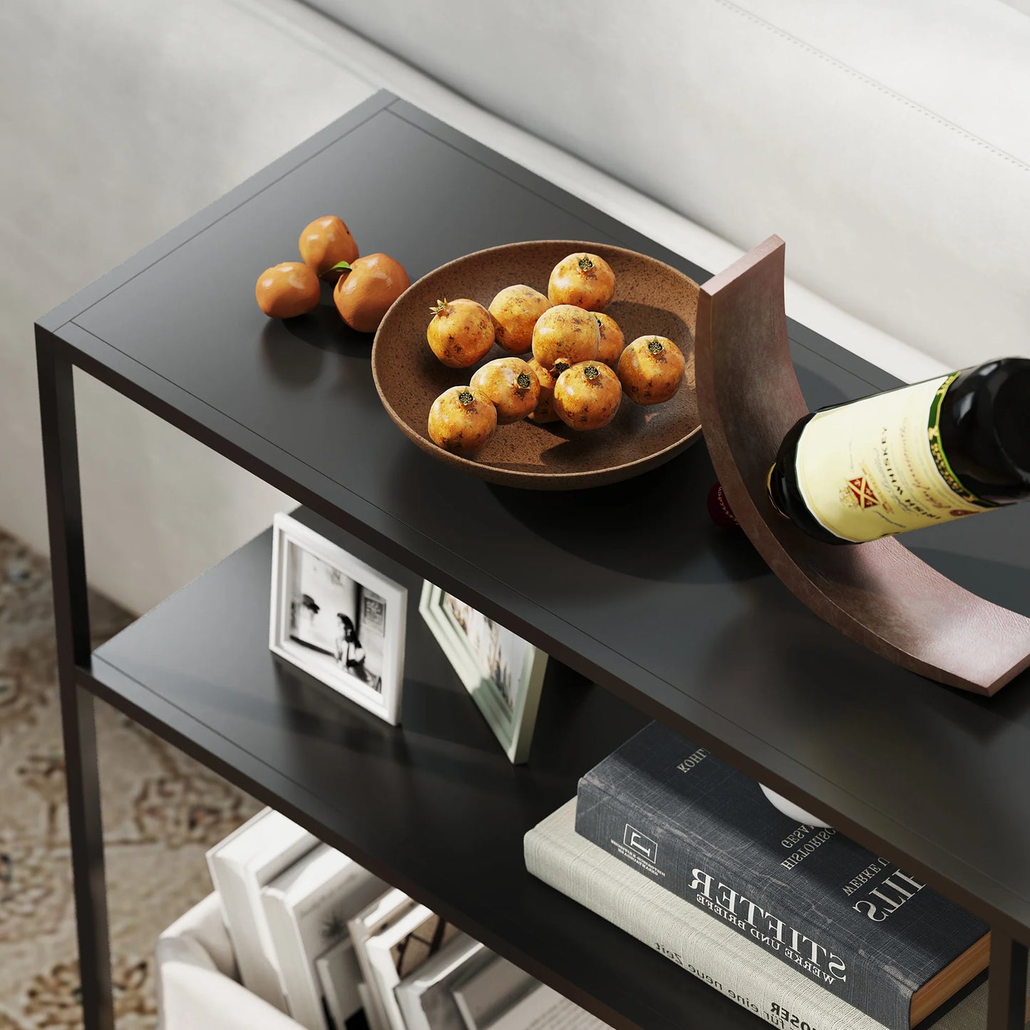 HOMCOM Konsolentisch Flurtisch mit 4 Regalen, Seitentisch mit Stahlrahmen, Metallregal für kleine Räume, Eingangsbereich, Flur, Wohnzimmer, 110 x 30 x 75 cm Schwarz