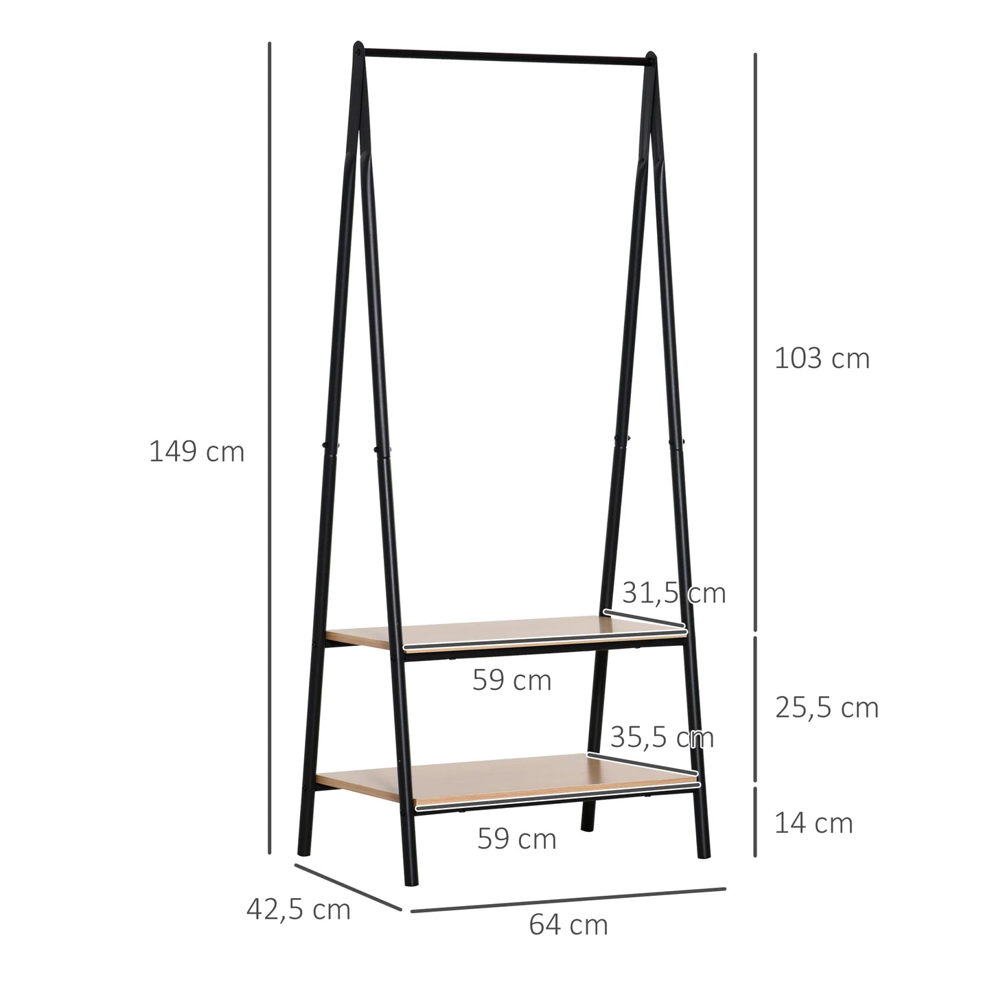 HOMCOM Kleiderständer mit Schuhablage, Wäscheablage, Metall + Holz Schwarz + Natur 64 x 42,5 x 149 cm