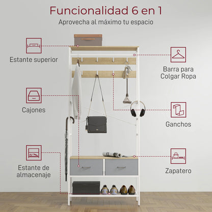 HOMCOM Garderobe mit Schuhregal – Eingangsbereich Garderobe mit Schuhregal, 8 Haken, 2 Stoffschubladen, Maschenregal im industriellen Stil für hängende Kleidung – Flur, Schlafzimmer, Wohnzimmer 80x30x180,5 cm Natur