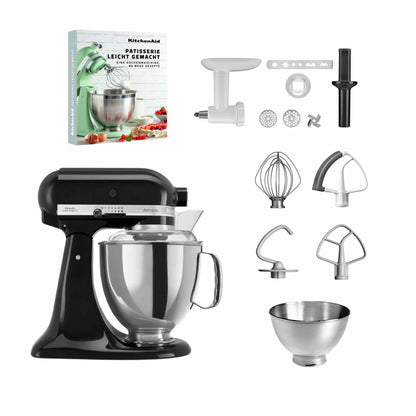 KitchenAid 4,8 L 5KSM175 Artisan Küchenmaschine Pastrylover mit Kunststofffleischwolf+Spritzgebäckvorsatz und Patisserie Buch