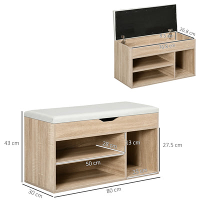 HOMCOM Platzsparender Polster-Schuhe-Schrank, Eingangs-Schränke mit Schuhaufbewahrung, 3 Fächer, PU-Leder Sitzfläche, für Wohnzimmer und Flur, 80x30x43 cm, Holzfarbe