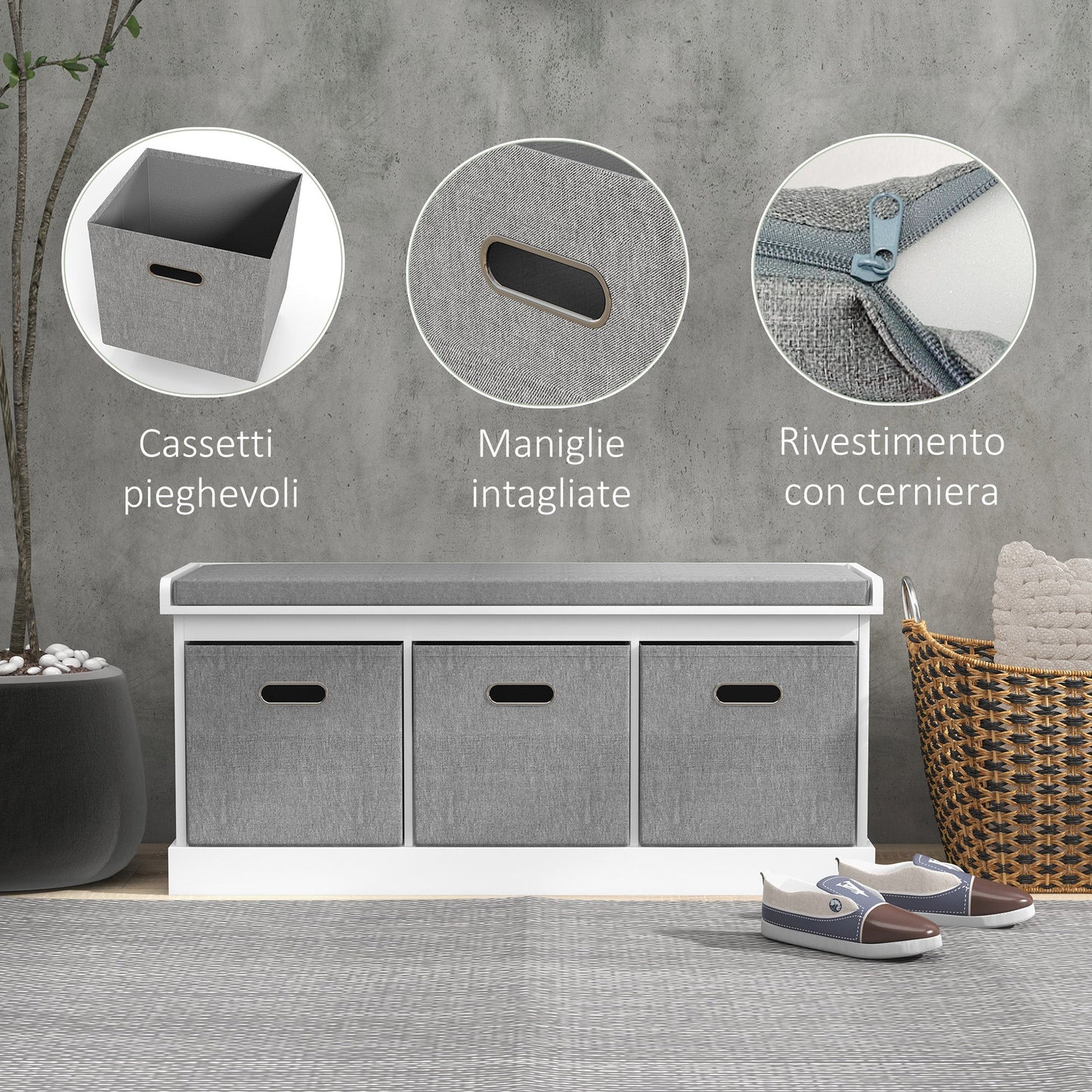 HOMCOM Schuhbank für den Eingangsbereich mit 3 Schubladen, Schuhaufbewahrungsbank mit Holz- und Stoffbezug, Schuhregal für 3 Paar Schuhe, Wohnzimmer und Flur, 105x35x47 cm, Weiß