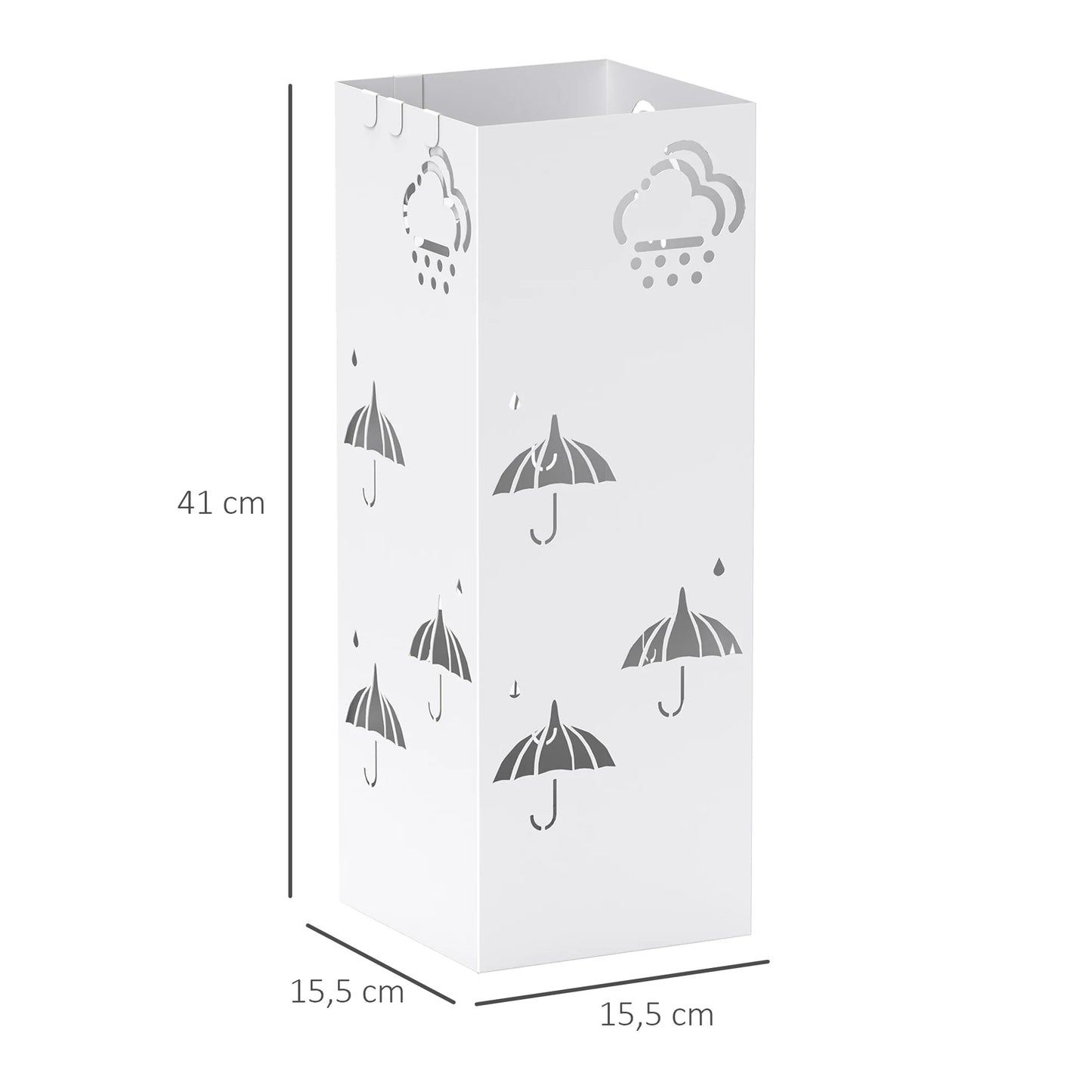 HOMCOM Regenschirmständer aus Stahl mit 4 Haken und abnehmbarem Tropfbehälter – Weißer Regenschirmhalter für Flur und Büro 15,5x15,5x41 cm
