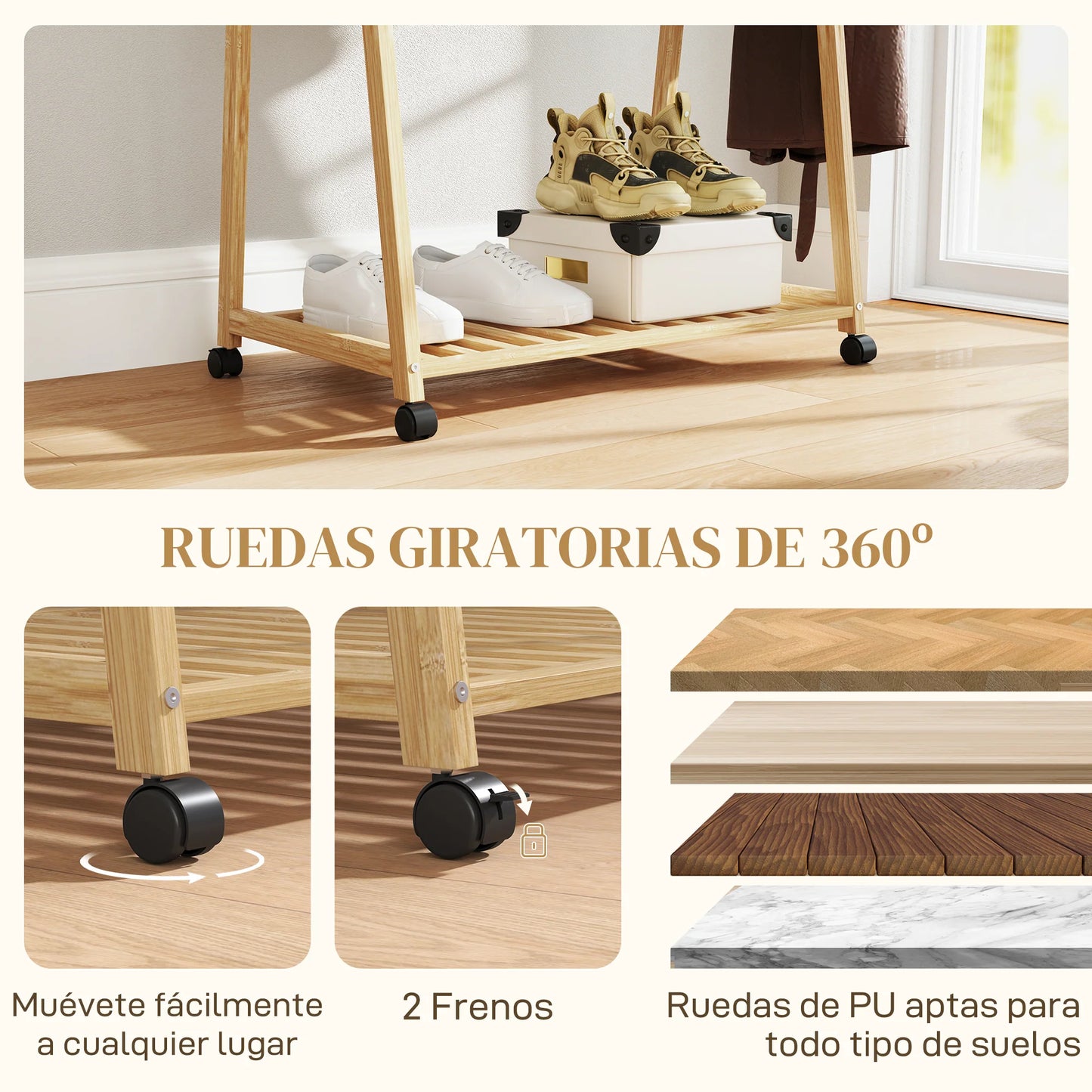 HOMCOM Bambus Kleiderständer mit Rollen, 2 offenen Regalen und 2 Haken, Kleiderständer für Eingangsbereich, Flur, Schlafzimmer 84,5x43,5x158 cm Natur