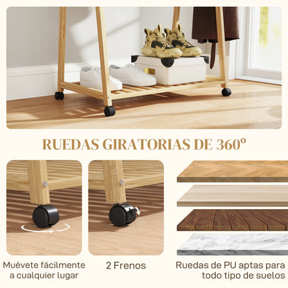 HOMCOM Bambus Kleiderständer mit Rollen, 2 offenen Regalen und 2 Haken, Kleiderständer für Eingangsbereich, Flur, Schlafzimmer 84,5x43,5x158 cm Natur