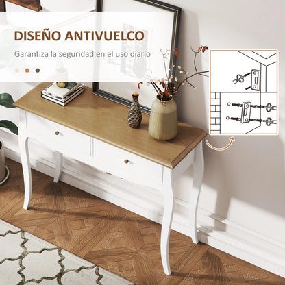 HOMCOM Konsolentisch Flurtisch mit 2 Schubladen im französischen Stil für Flur Schlafzimmer Wohnzimmer 100x35x76,5 cm Weiß und Dunkelbraun