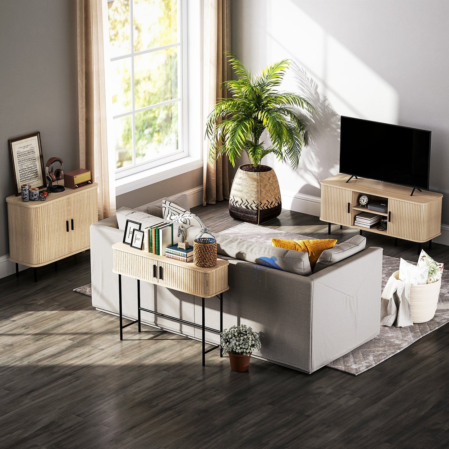 HOMCOM Vintage Konsolentisch Sideboard mit 2 Schiebetüren und Fächern für Flur 100x30x80 cm Eiche