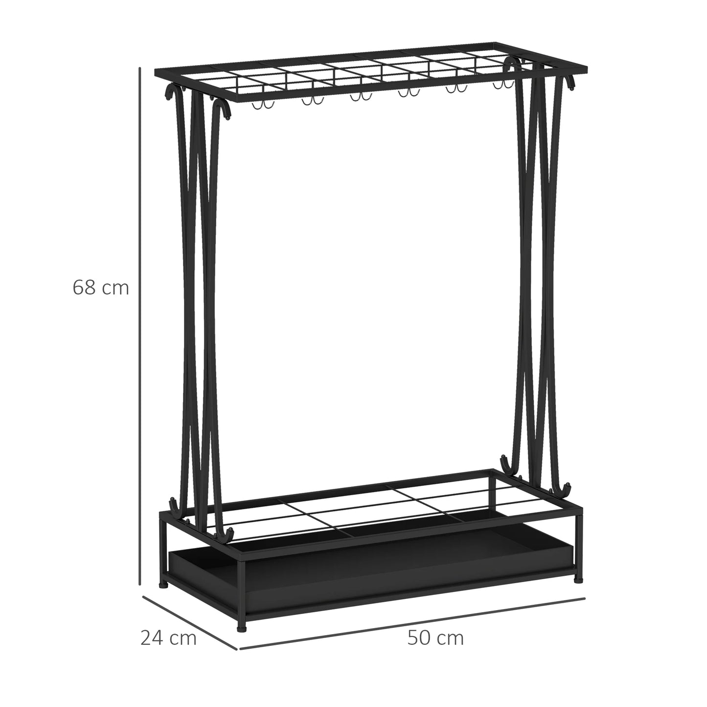 HOMCOM Regenschirmständer aus Stahl Rechteckiger Regenschirmhalter mit 24 Haken, 21 Öffnungen, Abnehmbarer Wassertropfschale für Gehstöcke & Regenschirme 50 x 24 x 68 cm Schwarz
