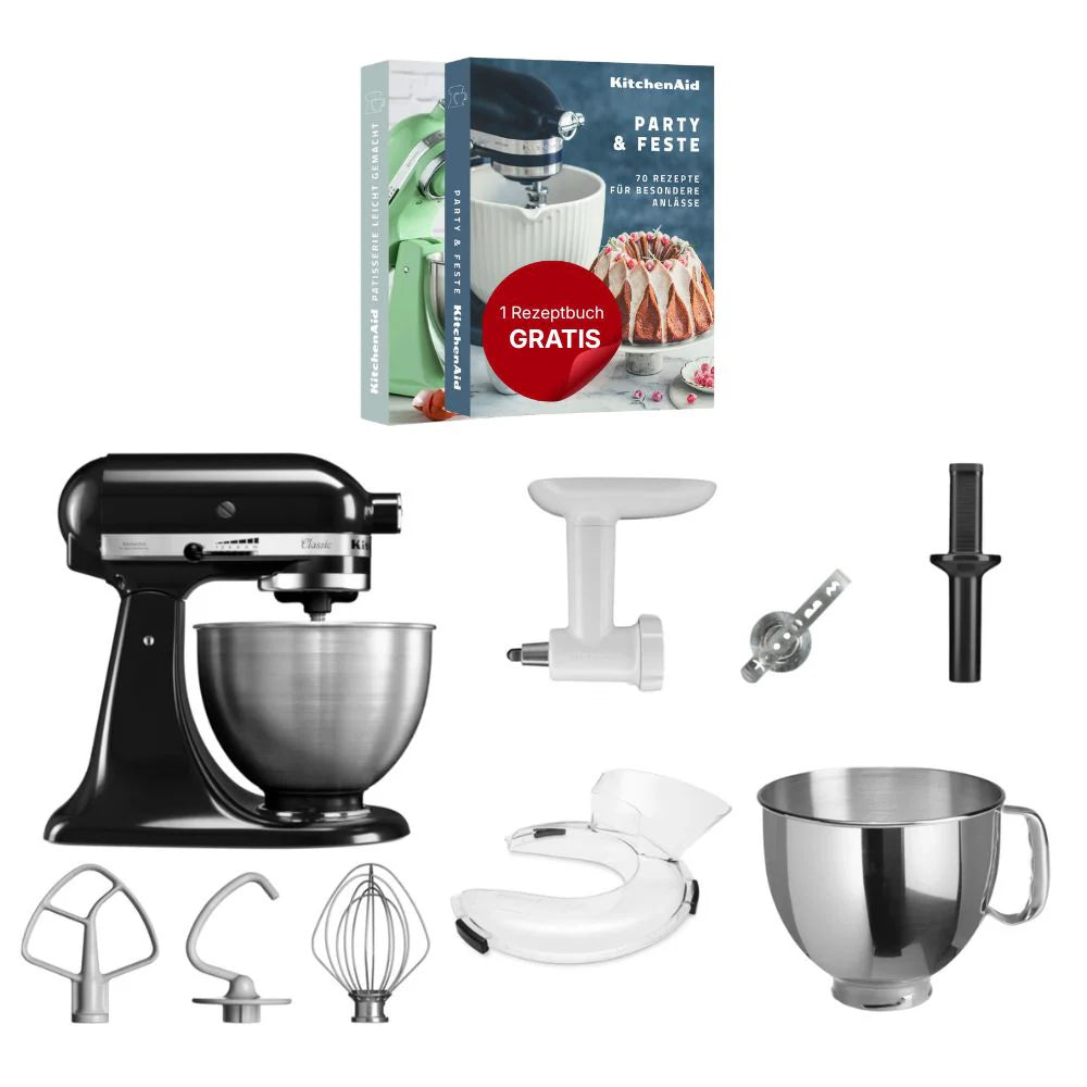 KitchenAid 4,3 L 5K45SS Classic Küchenmaschine Set 4 Fleischwolf+Spritzgebäck+Schüssel+Spritzschutz