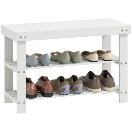 HOMCOM Bambus Schuhbank mit Sitz Schuhregal 3-stufiger Schuhorganizer für 6 Paar Schuhe für Flur Wohnzimmer Schlafzimmer 70x28x45 cm Weiß