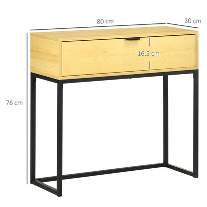 HOMCOM Konsolentisch mit Schublade Moderner Beistelltisch mit Stahlbeinen für Flur, Wohnzimmer, Schlafzimmer 80x30x76 cm Natur