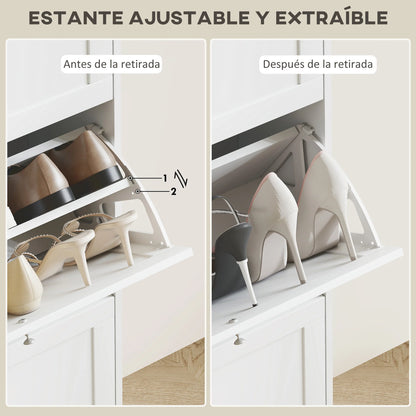 HOMCOM Schmales Schuhschrank mit 3 Klapptüren – Schuhaufbewahrung für den Eingangsbereich mit verstellbaren Regalen für 18 Paar Schuhe für schmale Flure 60x23,5x115 cm Weiß