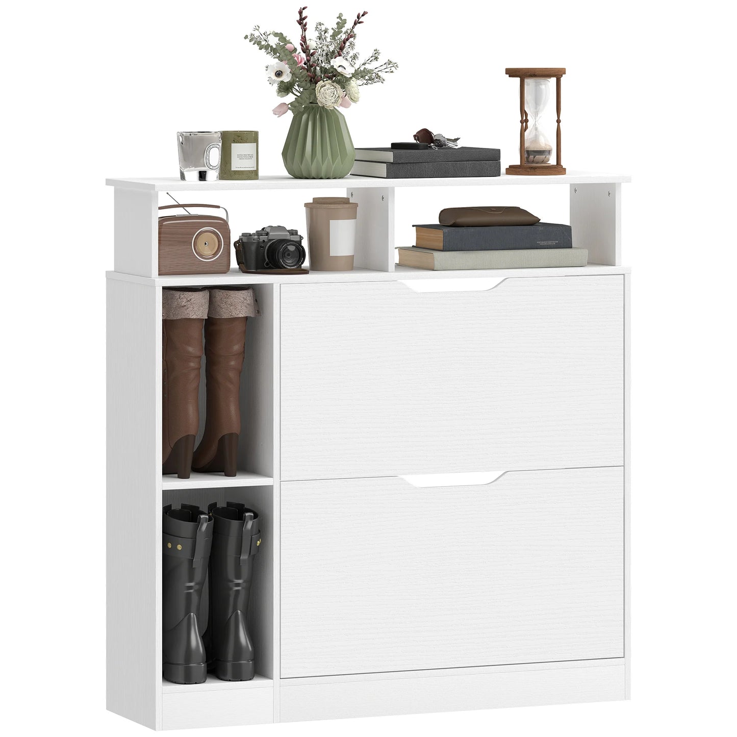 HOMCOM schmaler Schuhschrank mit 2 Klappen, offenen Fächern & verstellbarem Einlegeboden, 89 x 25 x 92 cm, Weiß