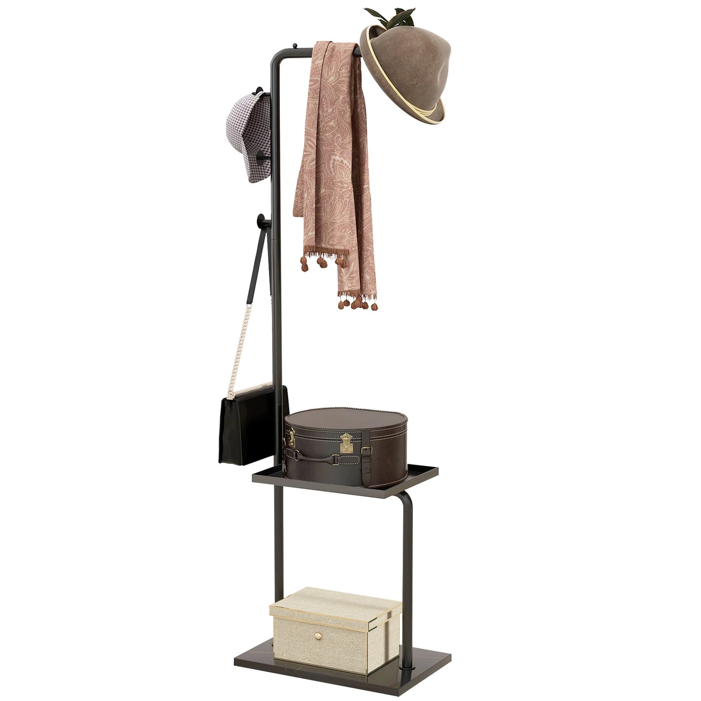 HOMCOM Garderobenständer, Kleiderständer mit Ablagen und Haken, Jackenständer, moderner Garderobe für Kleidung, Hut, Tasche, für Flur, Wohnzimmer, Schwarz