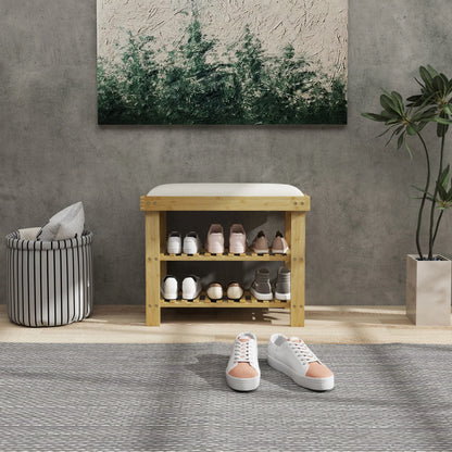 HOMCOM Schuhbank mit Sitzfläche, Bambus Sitzbank mit Stauraum, Schuhregal mit 2 offene Fächer, Sitzbank, Bank, Garderobenbank für Wohnzimmer, Flur, 60 x 29 x 49 cm Cremeweiß