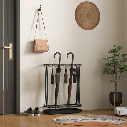 HOMCOM Regenschirmständer aus Stahl Rechteckiger Regenschirmhalter mit 24 Haken, 21 Öffnungen, Abnehmbarer Wassertropfschale für Gehstöcke & Regenschirme 50 x 24 x 68 cm Schwarz