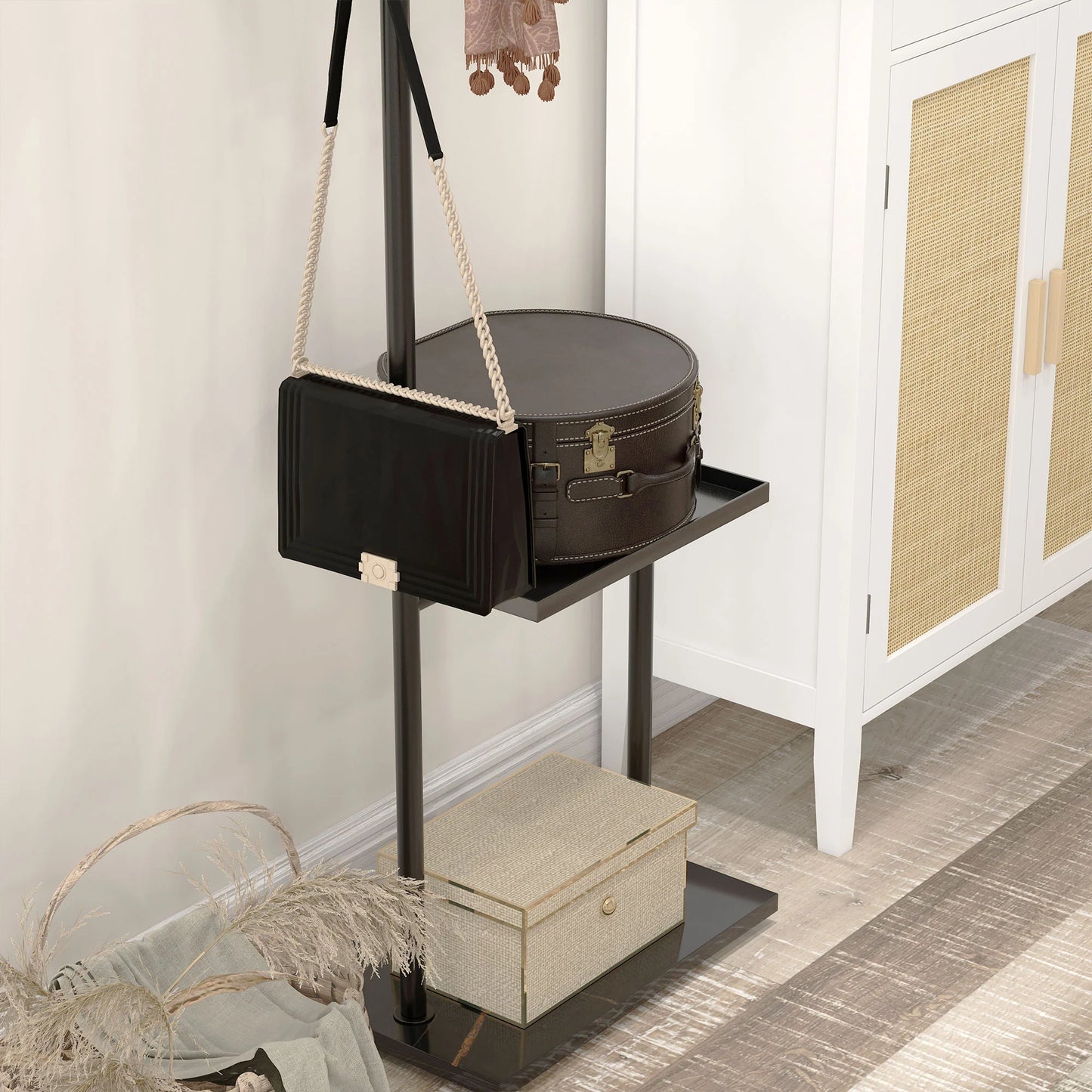 HOMCOM Garderobenständer, Kleiderständer mit Ablagen und Haken, Jackenständer, moderner Garderobe für Kleidung, Hut, Tasche, für Flur, Wohnzimmer, Schwarz