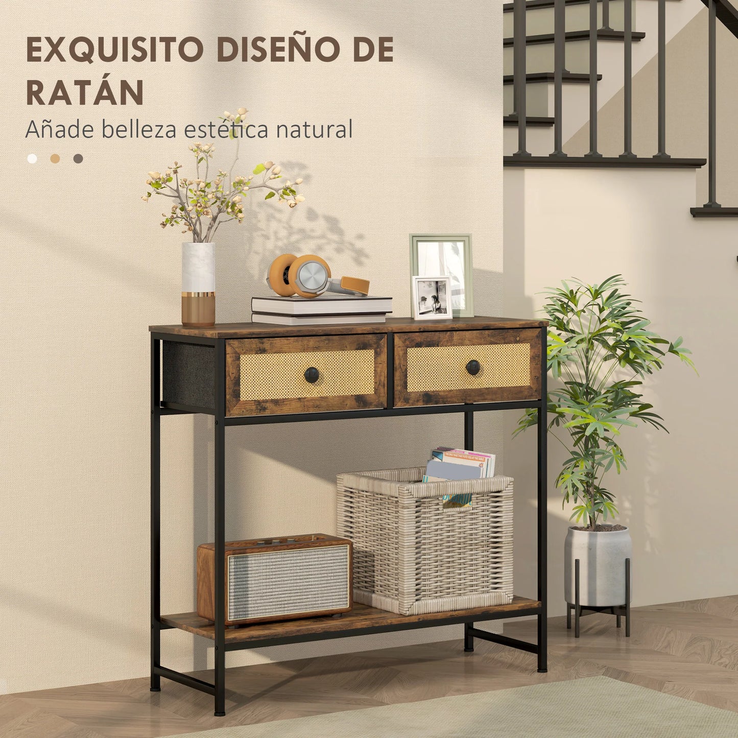 HOMCOM Konsolentisch Flurtisch mit Offener Ablage und 2 Front-Rattan-Schubladen Flur Konsolentisch Flur 80x30x75 cm Rustik Braun
