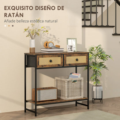 HOMCOM Konsolentisch Flurtisch mit Offener Ablage und 2 Front-Rattan-Schubladen Flur Konsolentisch Flur 80x30x75 cm Rustik Braun