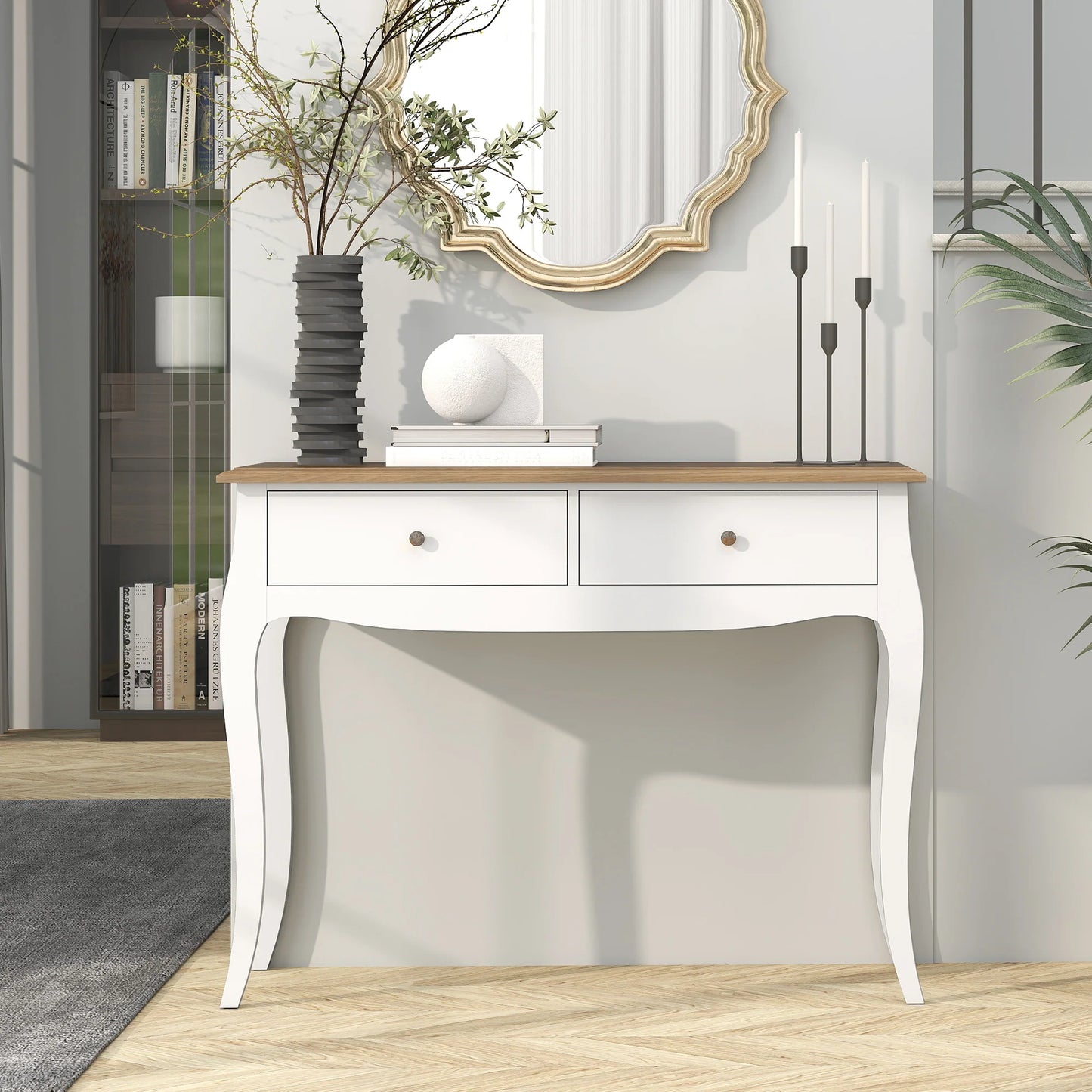 HOMCOM Konsolentisch Flurtisch mit 2 Schubladen im französischen Stil für Flur Schlafzimmer Wohnzimmer 100x35x76,5 cm Weiß und Dunkelbraun