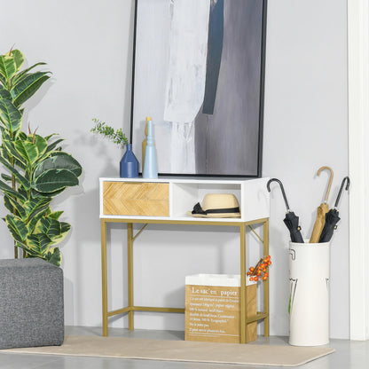 HOMCOM Flur Konsole Tisch Moderner Stil mit Schublade und Offenem Regal 80x30x80 cm Weiß und Gold