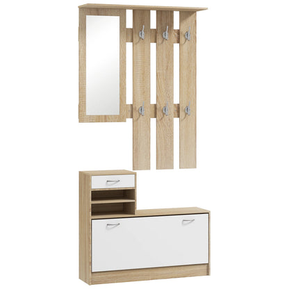 HOMCOM Flur Organizer mit Spiegel, Garderobe und Schuhschrank - 2-teiliges Möbelset für den Eingangsbereich mit 6 Haken, Regalen und Klappen-Schublade für einen natürlichen Flur