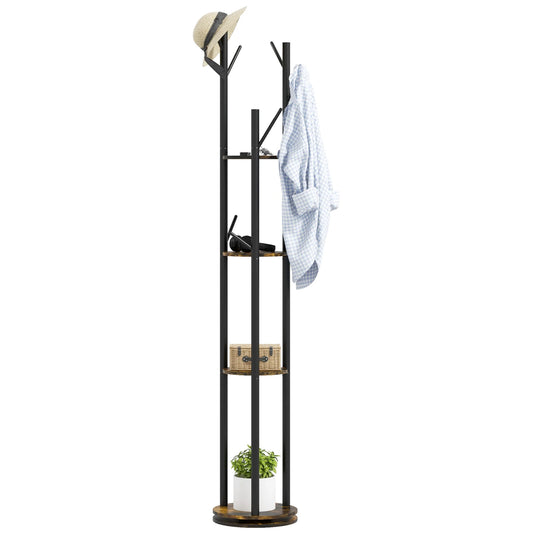 HOMCOM Drehbarer Freistehender Kleiderständer mit 8 Haken und 4 Regalen, Industrieller Kleiderständer für Eingangsbereich und Schlafzimmer, Ø30x175cm, Rustik Braun