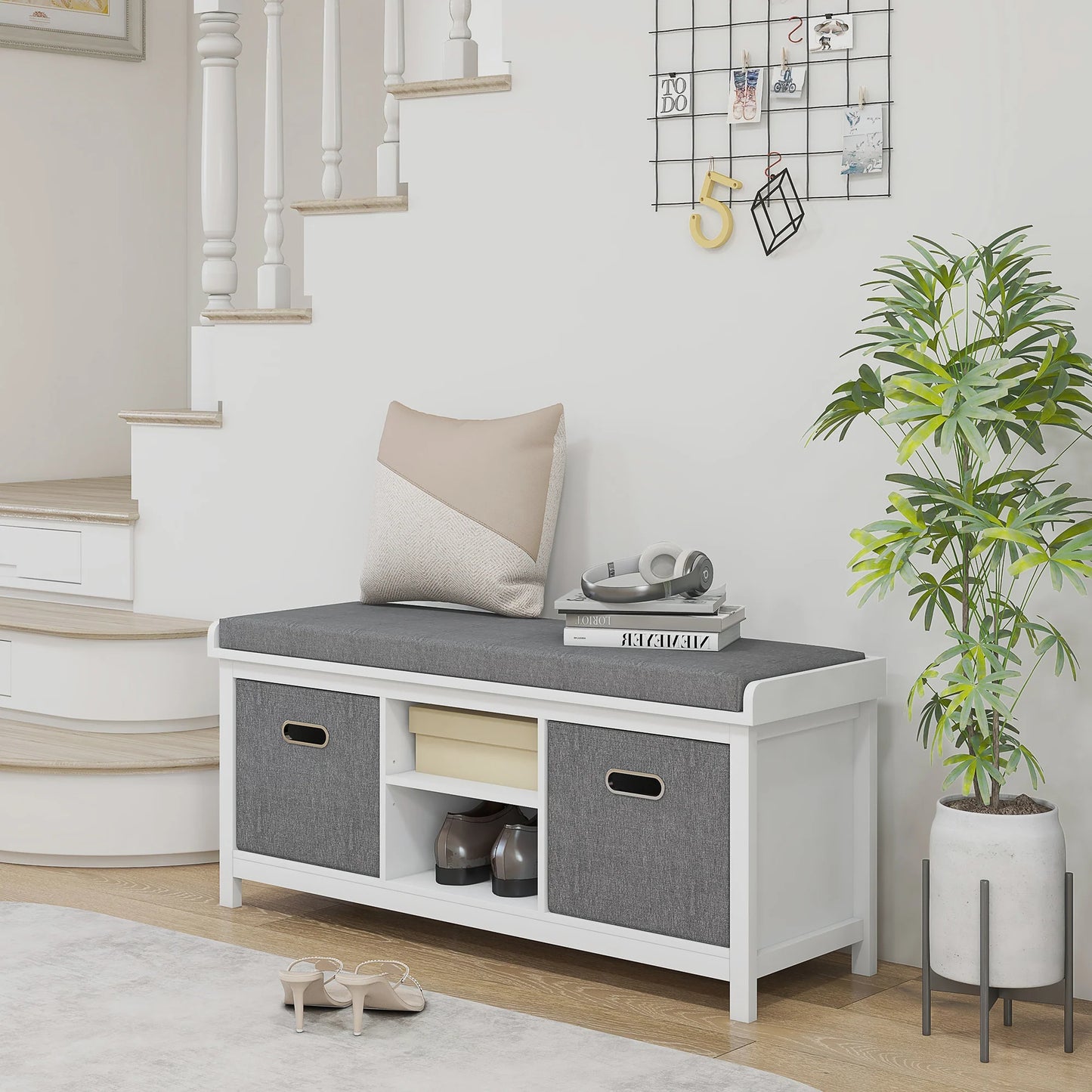 HOMCOM Schuhe-Bank mit verstellbarem 3-stufigem Regal, 2 abnehmbaren Schubladen und Polster, Möbel aus Spanplatte, 105x35x47 cm, Weiß und Grau